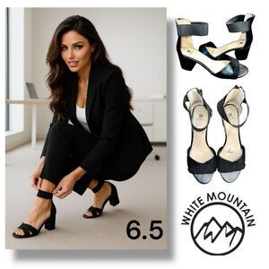 Women's White Mountain Ever Black Ankle Strap Sandals Size 6.5 | Block Heel